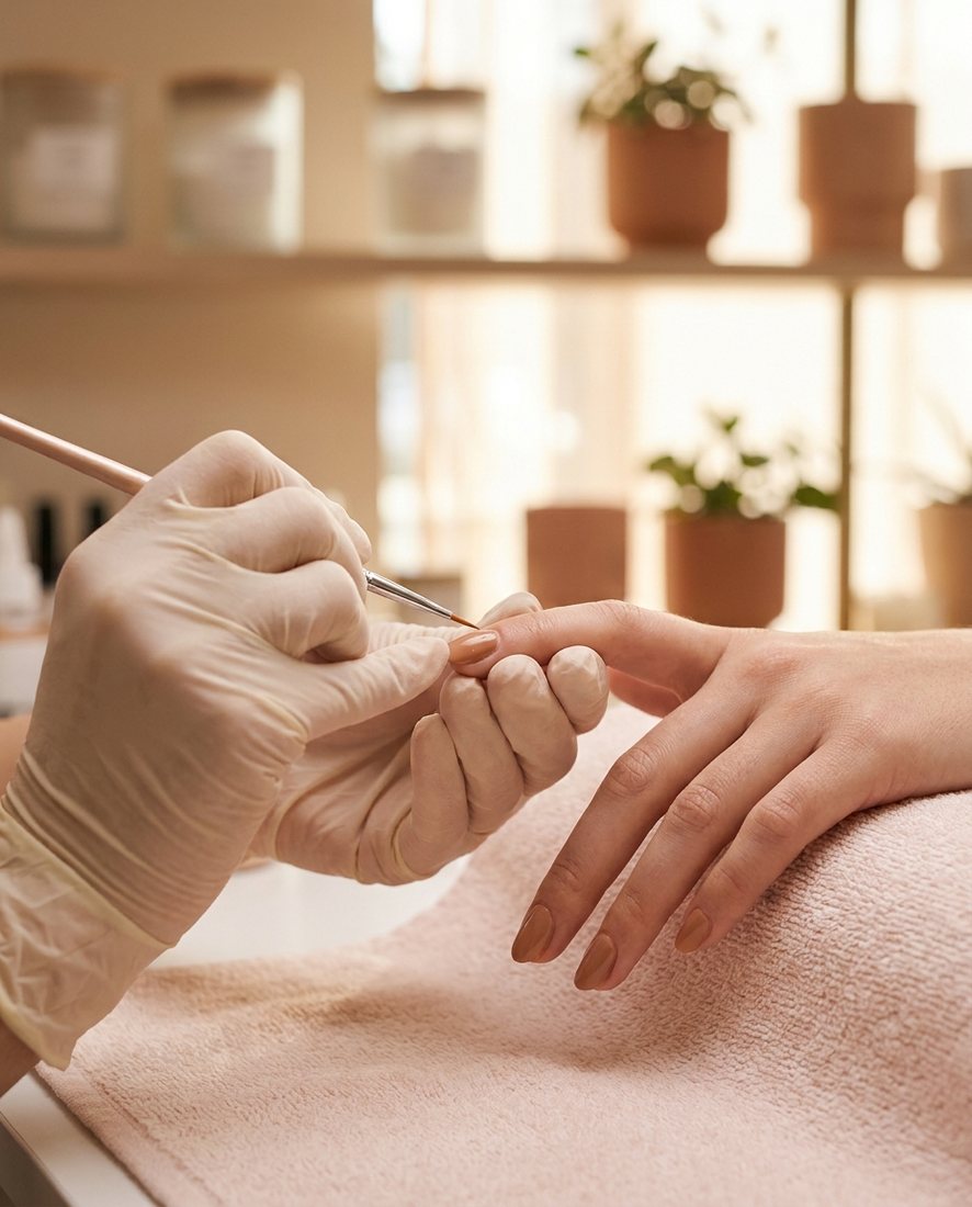 Nagelstyliste brengt met precisie een behandeling aan bij een klant in de studio
